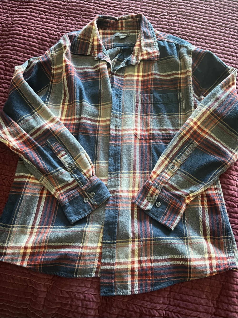 Eddie Bauer Plaid Button-Down Shirt - Navy, Rust & Cream